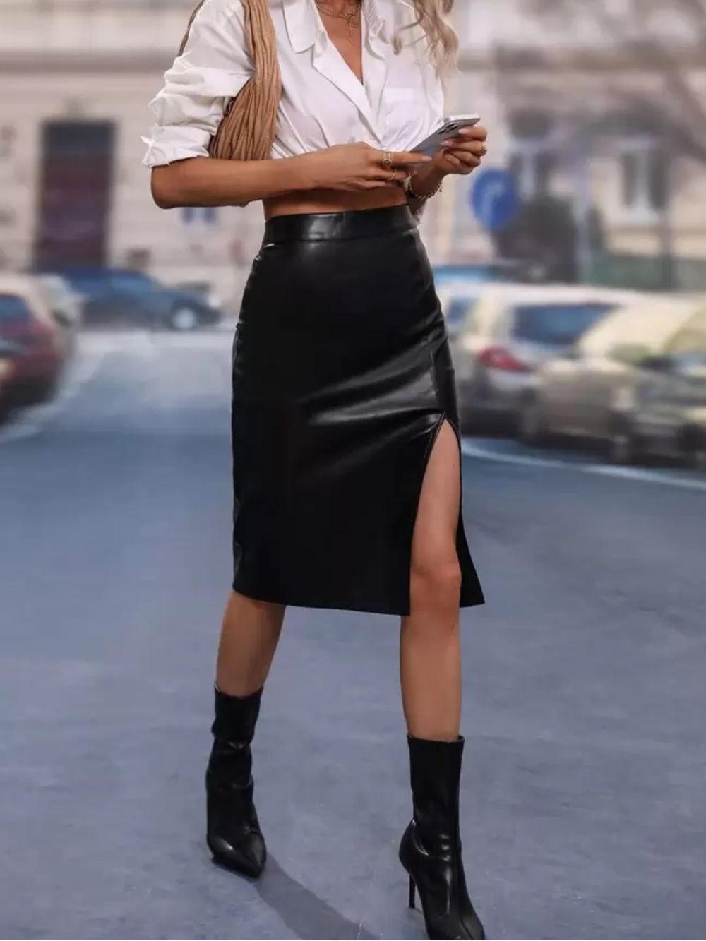 Black Faux Leather Midi Skirt High Waisted Side Slit Bodycon - Small